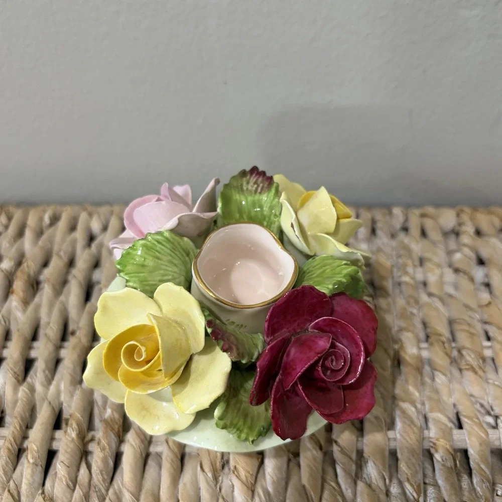 Vintage Denton Best Bone China Taper Holders England Roses‎ Gold Footed